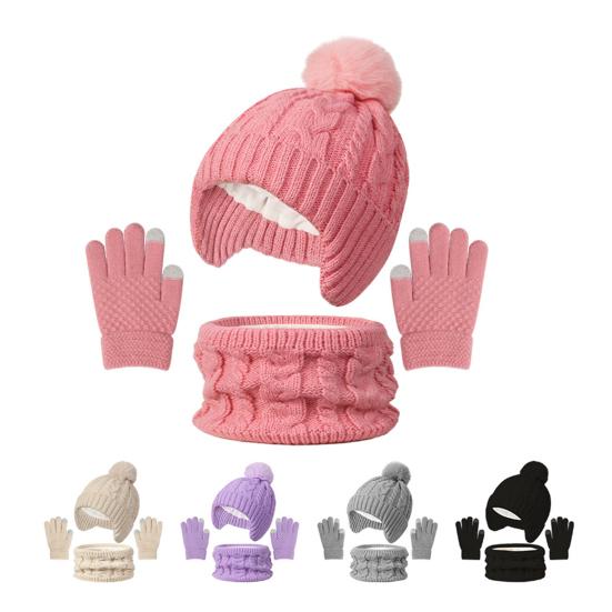 3Pcs/Set Kids Hat Scarf Gloves Set Colorful Twist Texture Hat Thickened Plush Lining Neck Gaiter Knitted Gloves Set