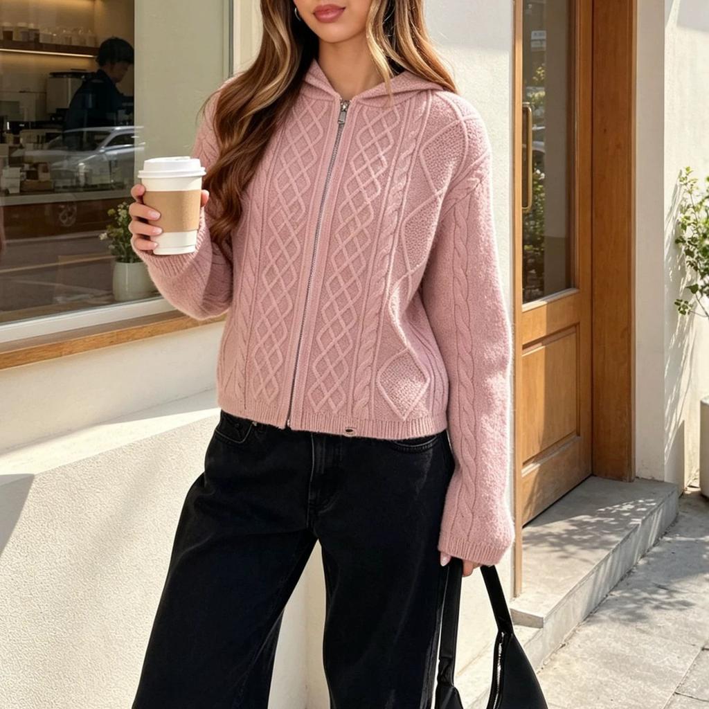 Hooded Twist Knitted Cardigan Zipper Rhombus Twisted Long-sleeved Knitted Jacket Korean Casual Autumn and Winter Women's Clothing