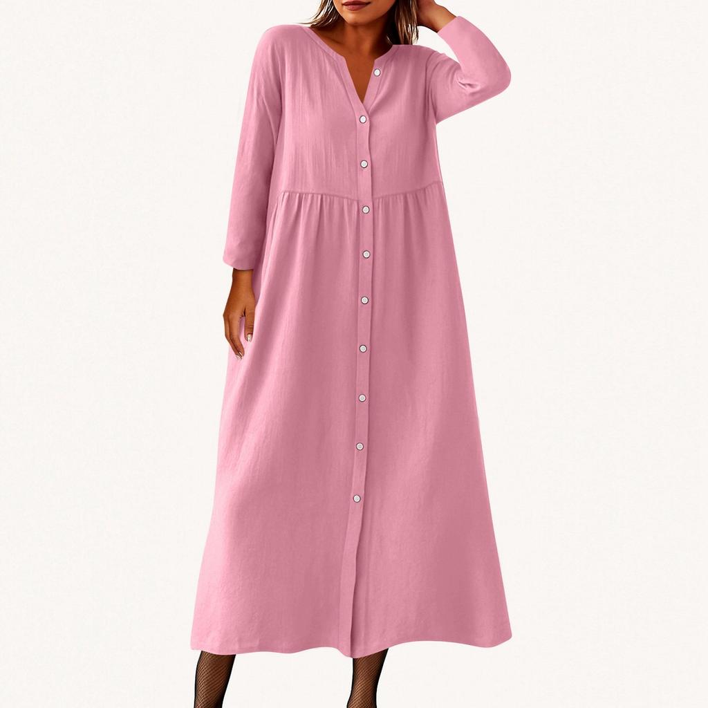 Women's Fashionable Solid Color Round Neck Seven Quarter Sleeve Button Loose Shirt Dress