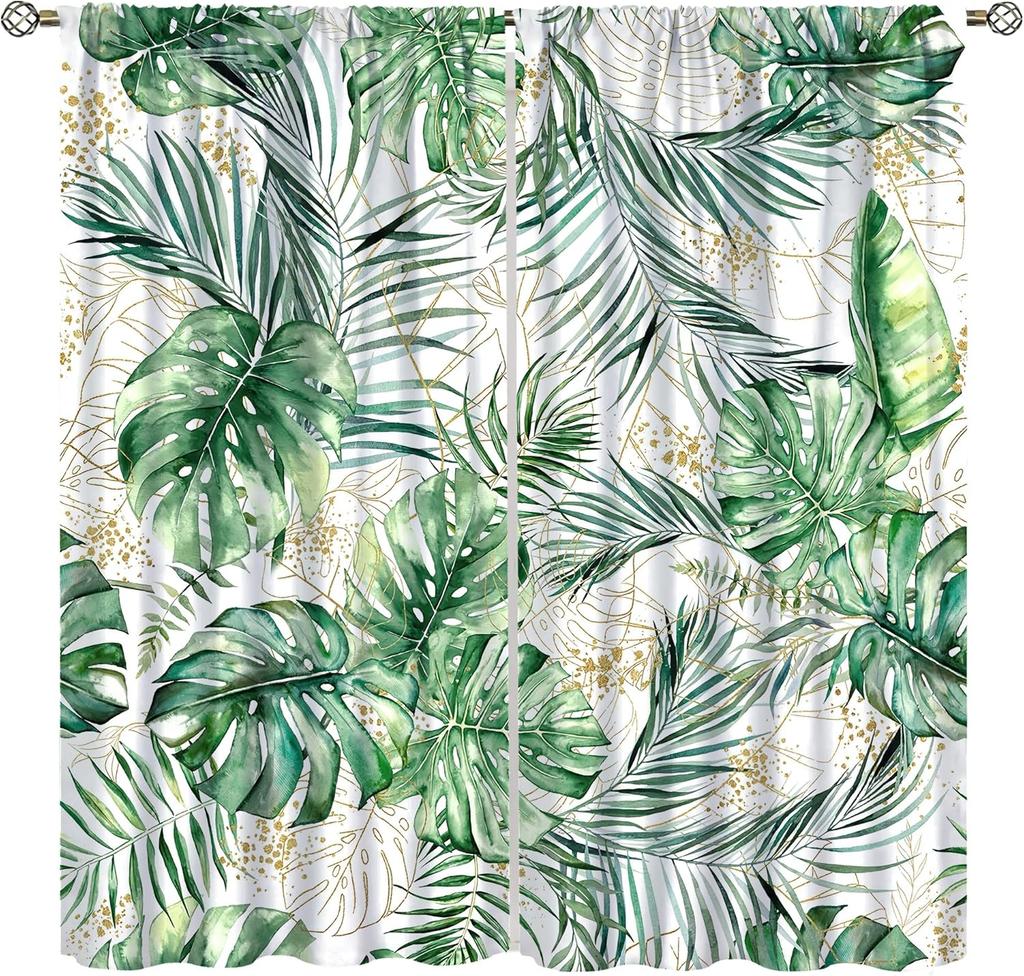 Tropical Palm Leaf Curtains Natural Emerald Green Gold Botanical Plant Abstract Printed Window Treatments Curtain Made Of Polyester With Rod Pocket