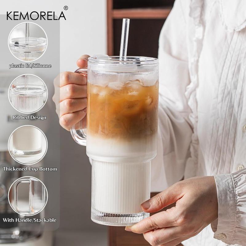 750ML Glasbecher mit Henkel & Deckel 1/2 Stück Große Eiskaffeebecher mit Strohhalmen Moderne Glasbecher für Kalt- & Heißgetränke Saft