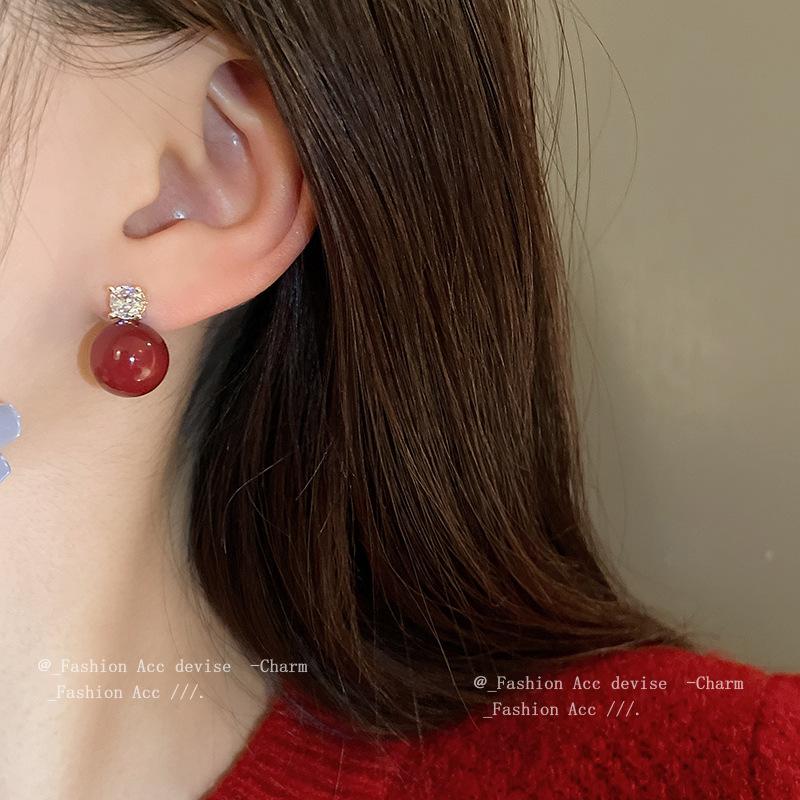 New Year's Silver Needle Zircon Pearl Red Earrings Retro Temperament Earrings Fashion High Sense Versatile Earrings Women