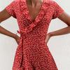 Sommer Dame Floal A-Line Kjole Søt Elegant Floral Ruffles V-hals Bandasje Kort Kjole for Lady Chic Flowers Mini Dress