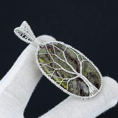 Ciondolo in Jaspe Sanguigno di Drago Pietra Preziosa Fatto a Mano Argento Sterling 925, Gioiello Avvolto in Filo d'Argento, Gioiello Albero della Vita Avvolto in Filo