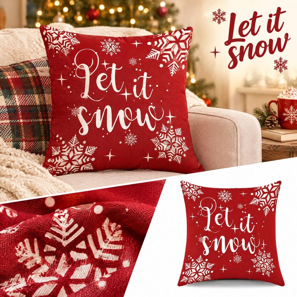 Christmas Covers with Letters and Snowflake Digital Print, Linen Cushion Cases for Sofa and