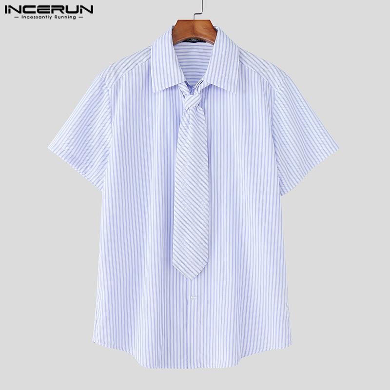 INCERUN Men Tie Up Lapel Neck Short Sleeve Striped Casual Loose Oversized Shirts
