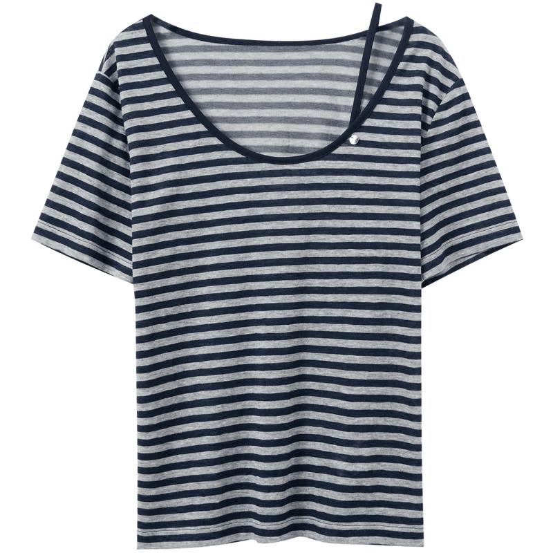 Sancai Lyocell Blend Striped Round Neck T-Shirt L