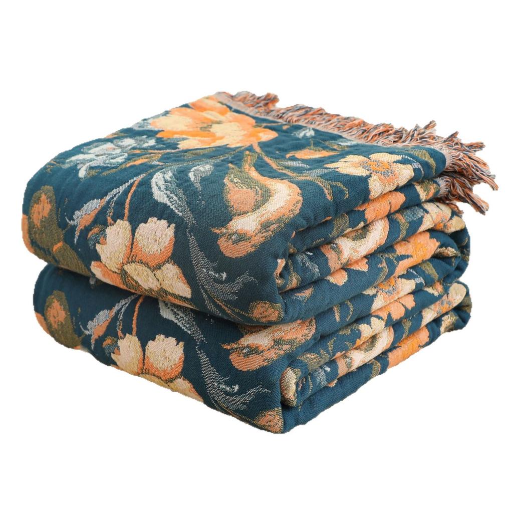Retro Bedspread On The Bed Cotton Multilayer Gauze Floral Bird Towel Quilt AB-Side Tassel Blanket Sofa Cover Multifunction Cover