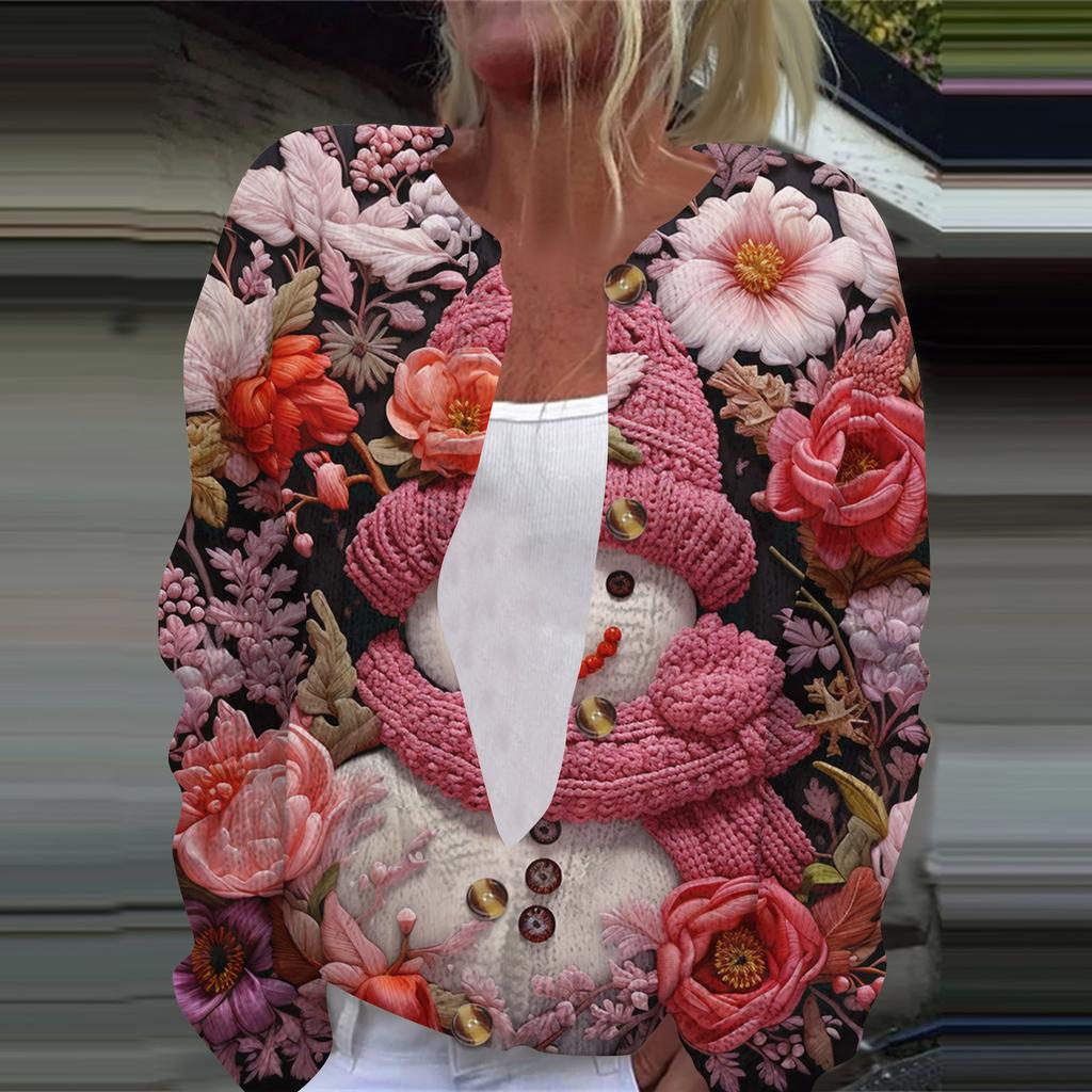 Women's Fashion Printed Long Sleeve Knitted Cardigan Button Down Jacket