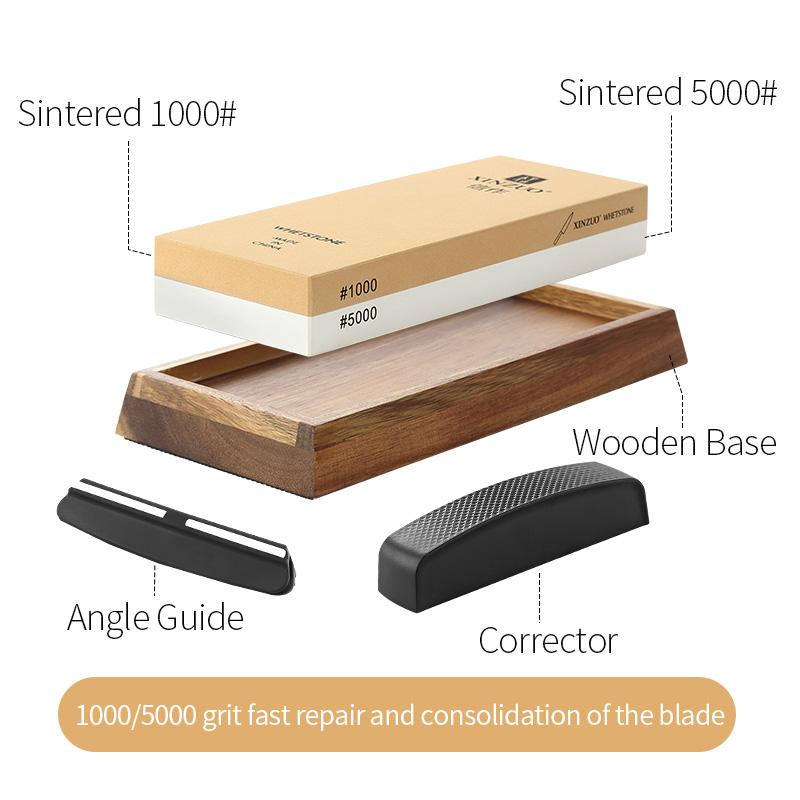 

XINZUO Двусторонний точильный камень из белого корунда 1000/5000# или 3000/8000# для заточки ножей с направляющей для угла и корректором Extra Large