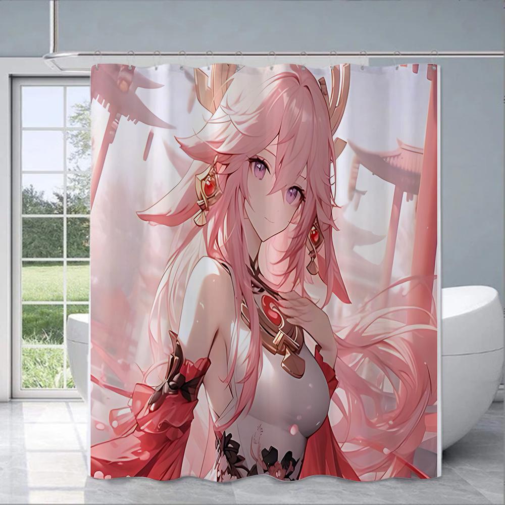 Shower Curtain Genshin Impact Yae Miko Anime Waterproof Fabric Bathroom Curtain With Hooks, Aesthetic Decorative Bath Curtain Fo