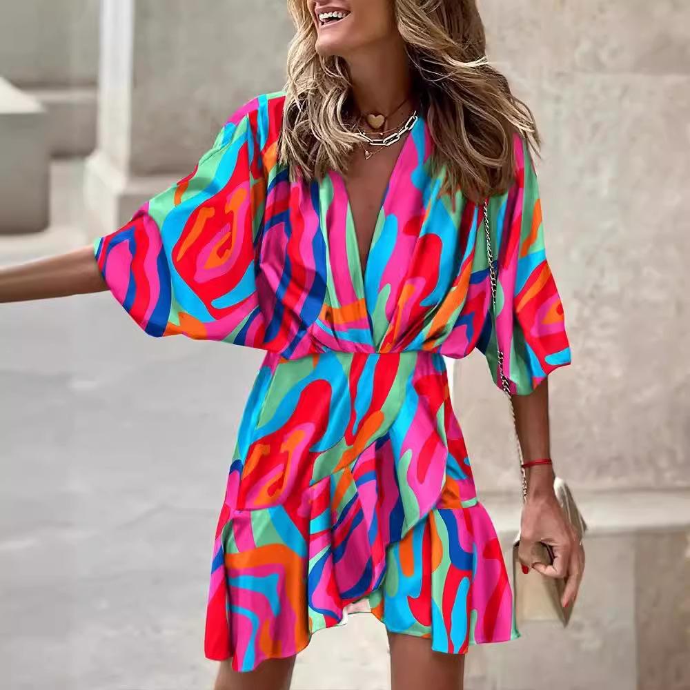 2025 Cross-border independent station Amazon explosion, autumn bat sleeve V-neck hem irregular dress women's clothing