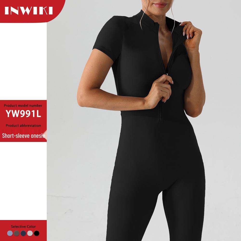 European & American Nude Feel Short Sleeve Yoga Jumpsuit - Women's Fitness Bodysuit with Zipper & Long Pants