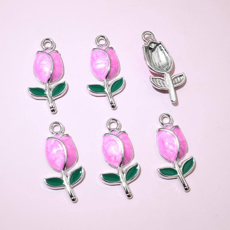 20pcs 21x10mm Enamel Rose Bud Flower Charms Pendant Alloy Metal DIY Jewelry Making Accessories Findings for Necklace Earrings