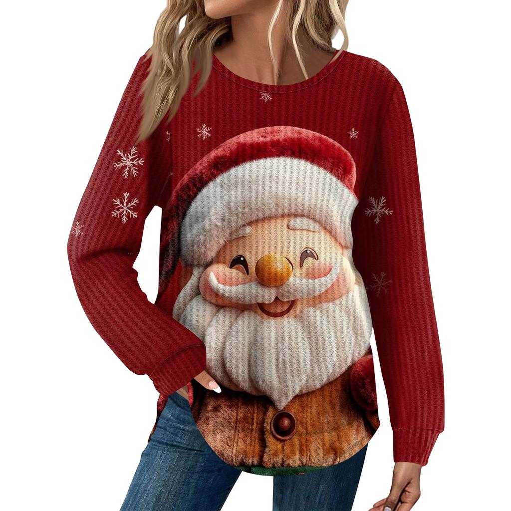 Dámská móda Ležérní Volný Top s kulatým výstřihem a dlouhým rukávem s vánočním potiskem