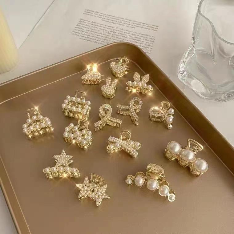 Bow Rhinestone Pearl Mini Hair Clip - Women's Small Shark Grip Hairpin