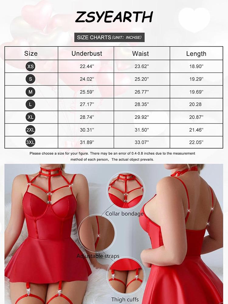 Exotic Leather Dress Women Erotic Apparel Plus Nightclub Stage Dancewear Deep V Babydoll Lingerie BDSM Role Play Maid Underwear