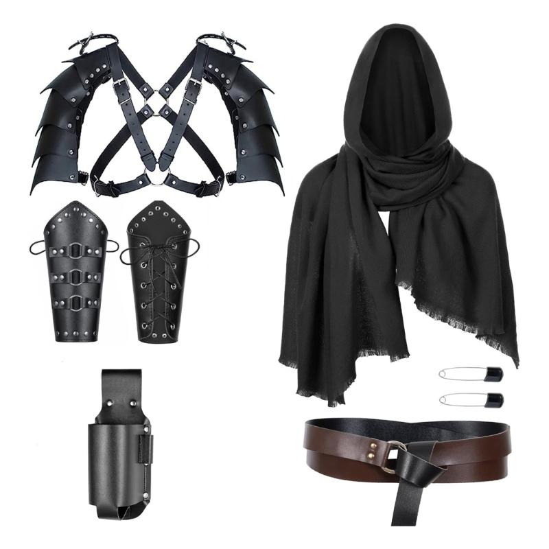 Completing Medieval Knnight Outfit Set Includes Faux Leather Shoulder Armors and Accessories for Historical Reenactments