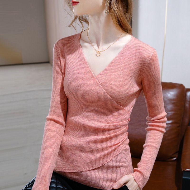 Women's Low-Cut Base Top Spring Autumn High-End Knitwear Sweater Tight-Fitting Blouse