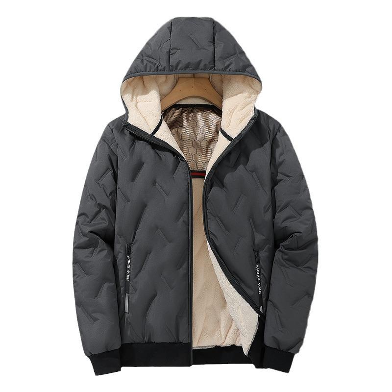 Men's Hooded Cotton Coat Solid Color Cotton Coat Men's Winter Plus Velvet Jacket Lamb Velvet Warm Cotton Coat Men