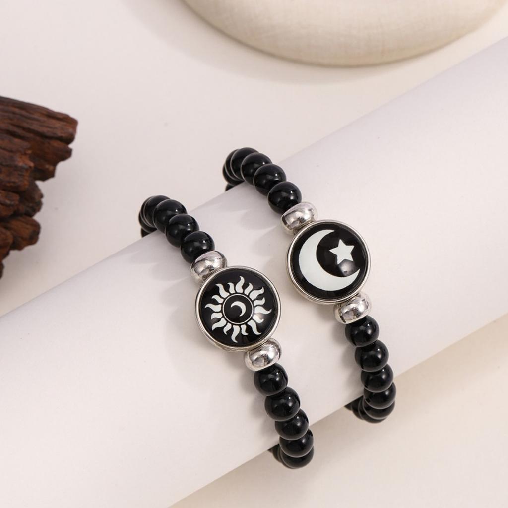 Glow In Dark Couple Bracelets Star Moon Sun Pattern Luminous Glass Beaded Bangle For Women Men Valentines Jewelry