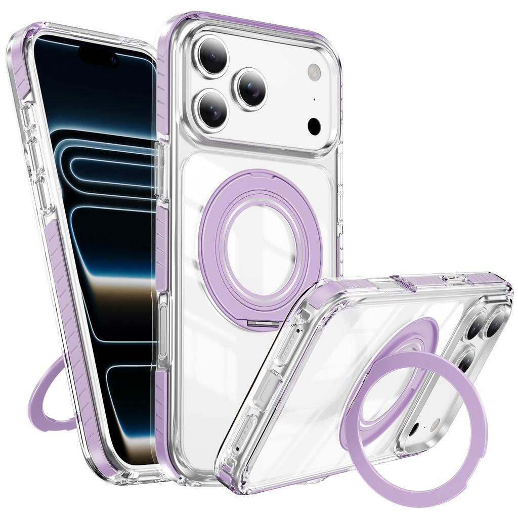 iPhone 17 Pro Max Magnetic Transparent Case with Two-Color Rotating Stand for Apple 16/15 Pro