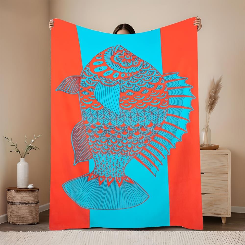 

Ethnic pattern style with fish theme Flannel printed blanket suitable for all seasons suitable for living office sofa and travel 75x100cm