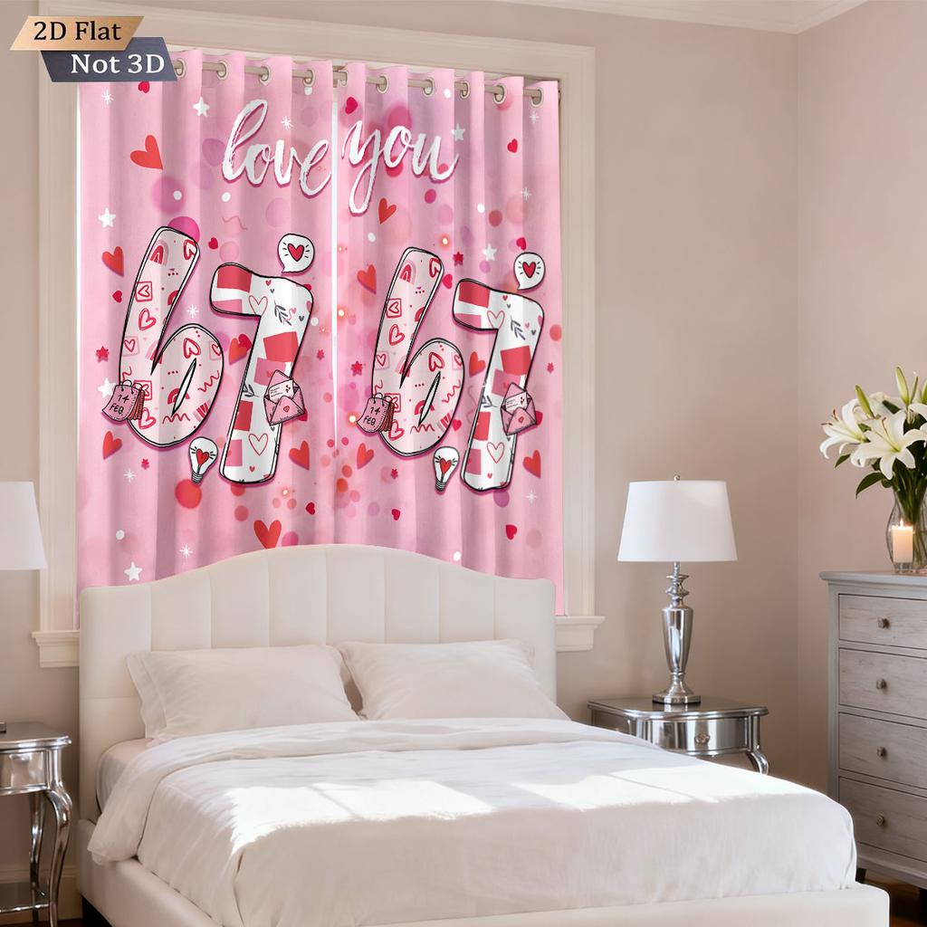 2pcs Valentine's Day Pink Love 67 Element Print Blackout Perforated Curtain Multi Size Living Room Bedroom Insulation Decoration