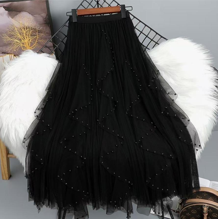 Women's Beaded Mesh High Waist A-Line Skirt - Spring/Summer Korean Style with Irregular Hem and Good Drape