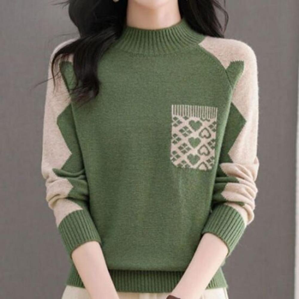Navava Women Daily Heart Color Point Half Turtleneck Long Sleeve Knit Tee Nk3437