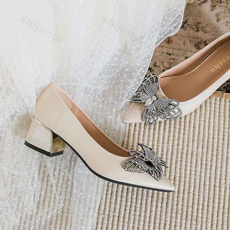 Fashion Women's High Heels Pointed Toe Sandals Sexy Burgundy Rheinstone Wedding Luxury Single Shoes for Banquets Shoes Butterfly 35-43