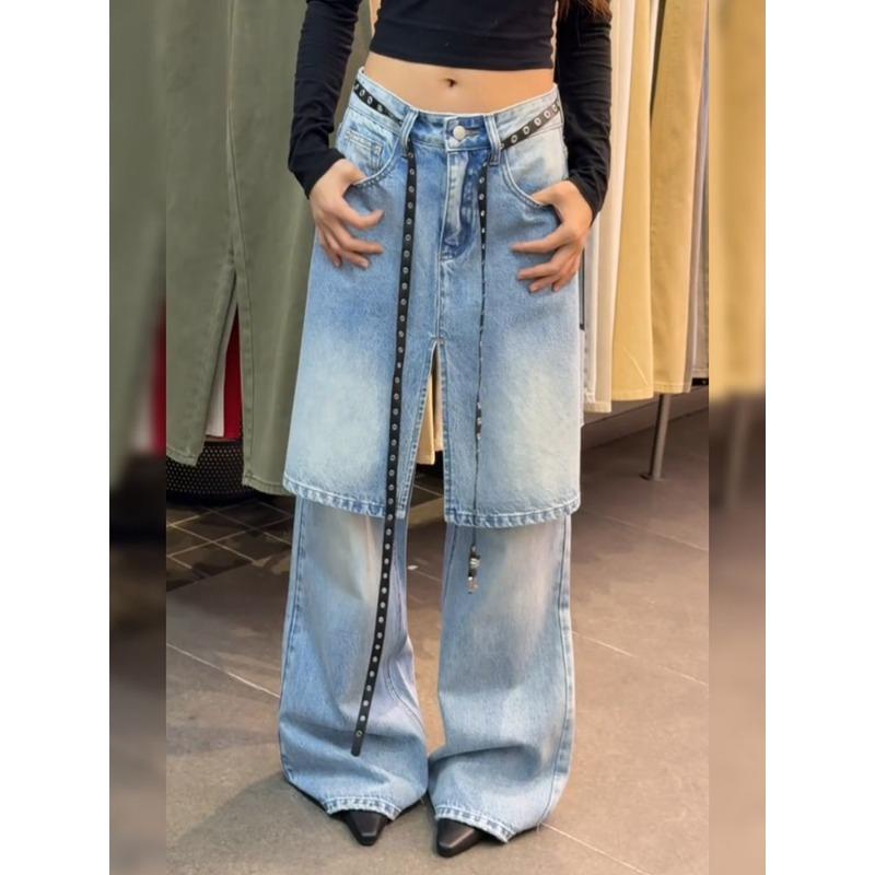 American Vintage Loose Fit Fake Two Piece Layered Jeans Women Fashion Denim Pants Wide Leg Trousers Streetwear