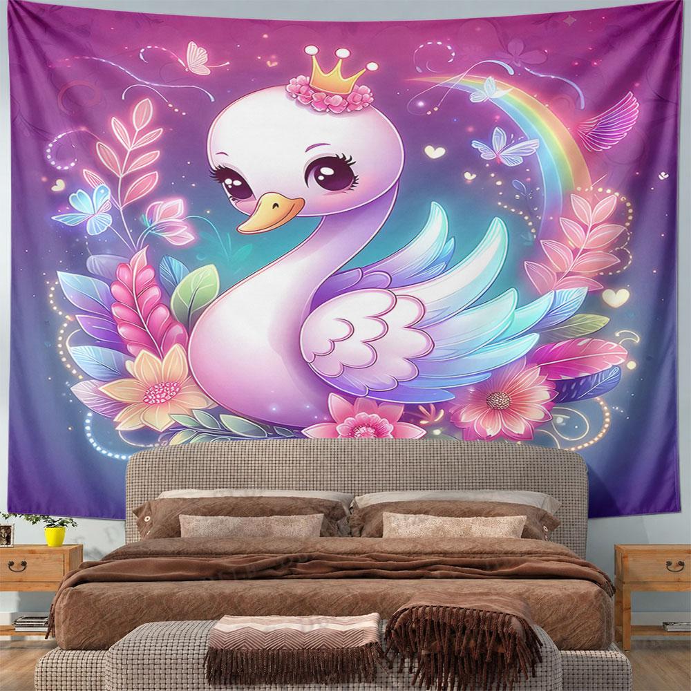 Elegant Swan with Floral Rainbow Decor Pattern Wall Hanging Tapestry Decorative Tapestry Home Decor for Bedroom and Living Room