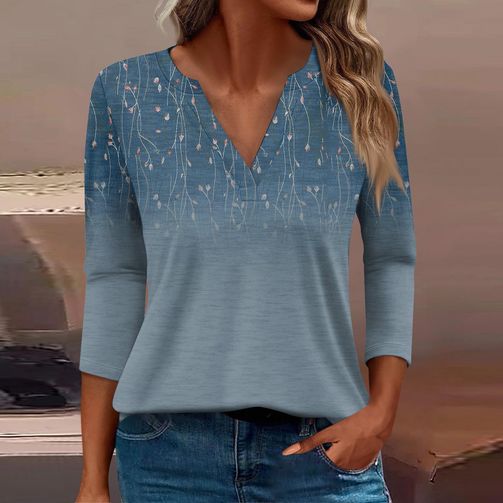 

Жен. Футболка Футболка С принтом Пуговицы Рукав 3/4 Повседневные Выходные Мода Классический Классический V-образный вырез Обычный Верх L синий