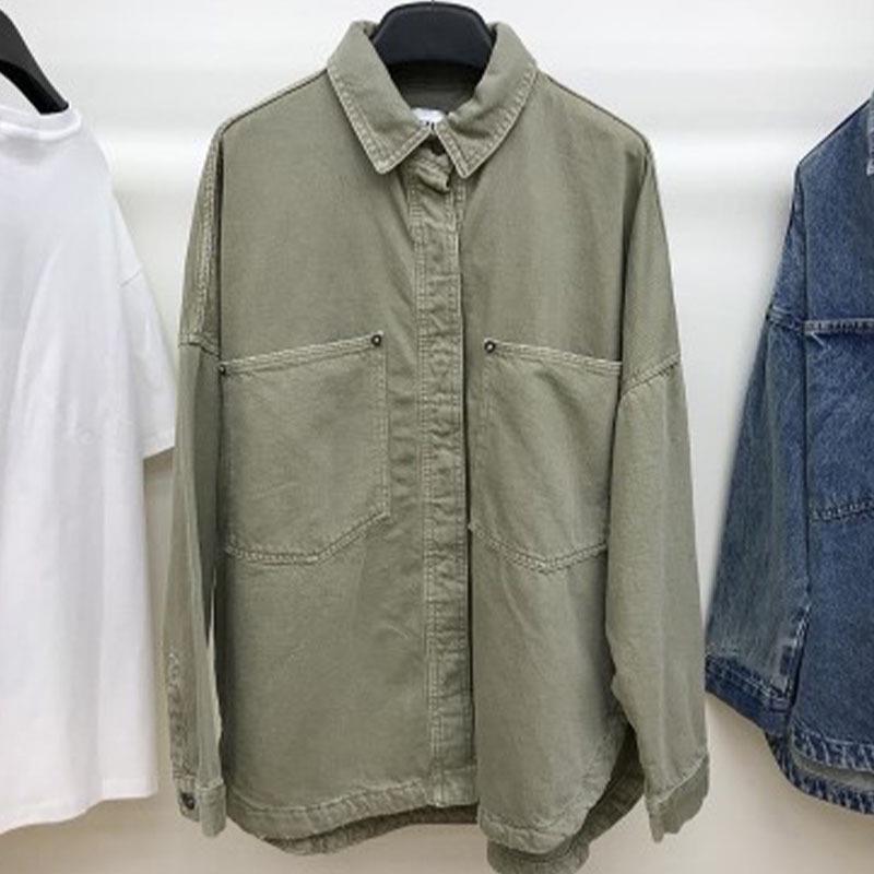 Women's Washed Blue Denim Shirt Jacket with Pocket Embellishments - European & American Style, Autumn Collection