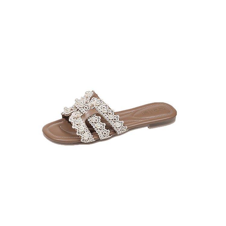 Internet celebrity small fragrant wind pearl slippers women's summer new wear flat beach one word sandals fashion with skirt
