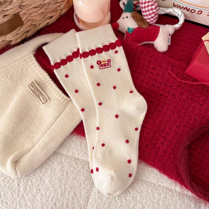 

New Year Red Socks for Women, Celebrating Joy and Sudden Wealth. Autumn and Winter Woolen Pile Socks, Striped Lace Mid-calf 1 pair