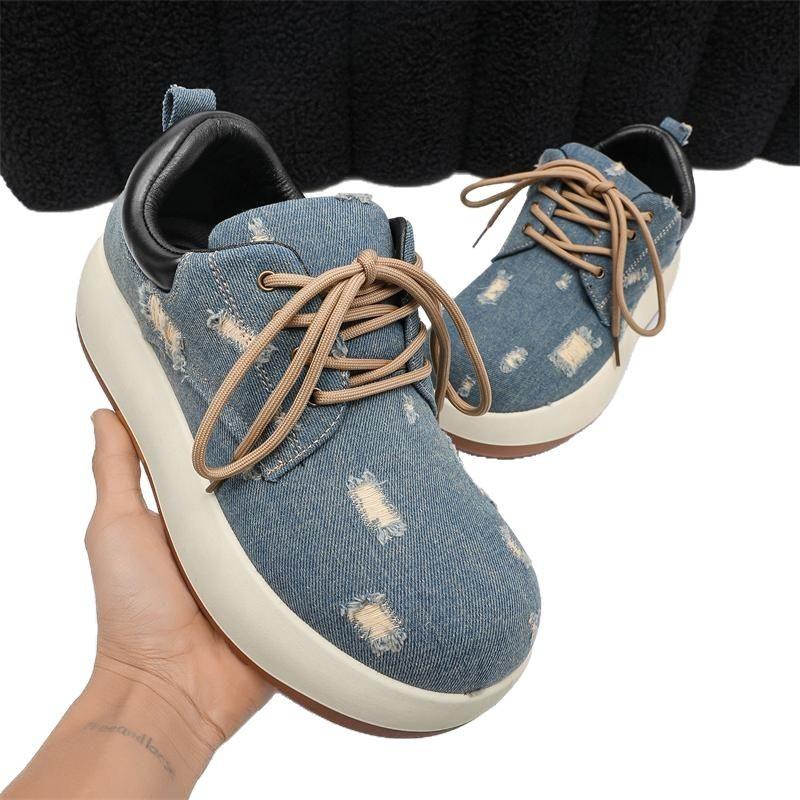 Nya herrskor nisch Q-version låga stora huvuden vardagliga denim läderskor trendig mode mångsidig