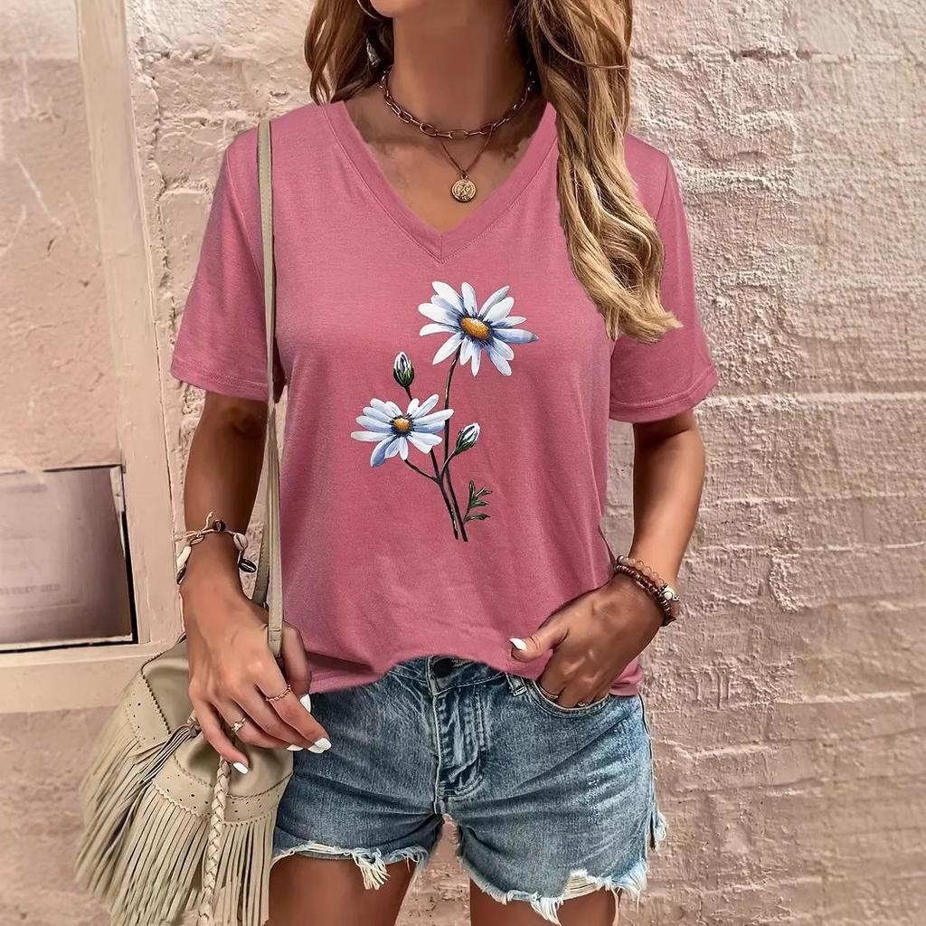Minimalistiska blommiga 3D-tryckta t-shirts för kvinnor, high street, lösa, andningsbara, vardagliga t-shirts med V-hals och korta ärmar