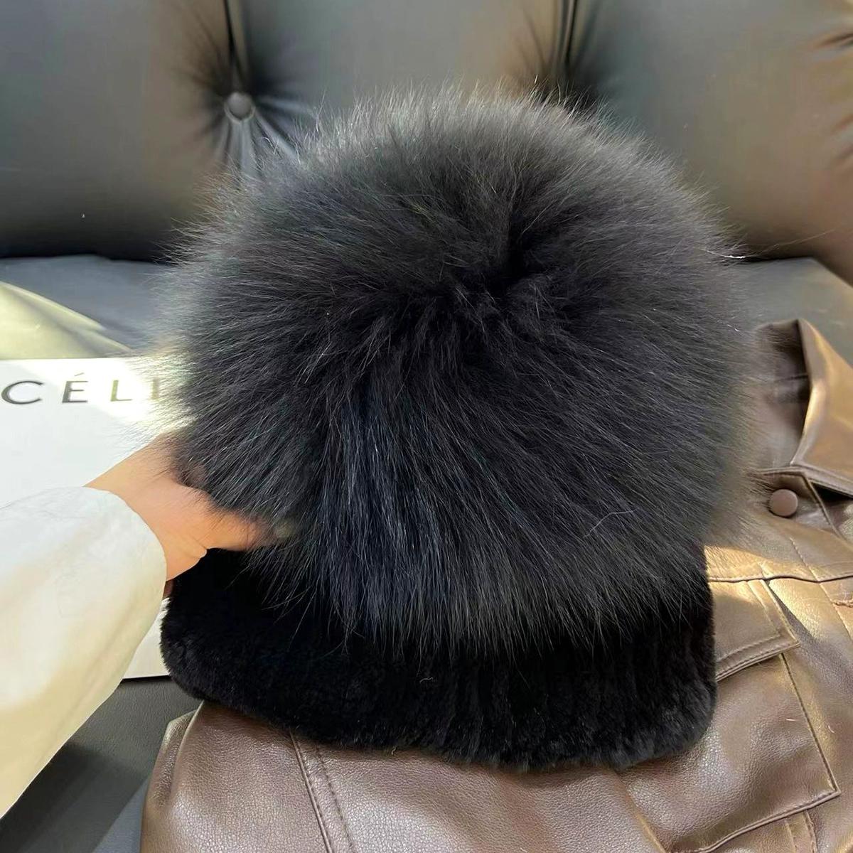 

Шапка из натурального кроличьего меха рекс, шапка из лисьего меха, шапка с утолщенной меховой защитой для ушей, холодостойкая и теплая плюшевая вязаная шапка, шапка-бандана, шляпа-клош One size [elastic] чёрный