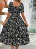 Floral Square Collar Ruched Waist Bubble Sleeve Layered Dress Sweet Style Dress