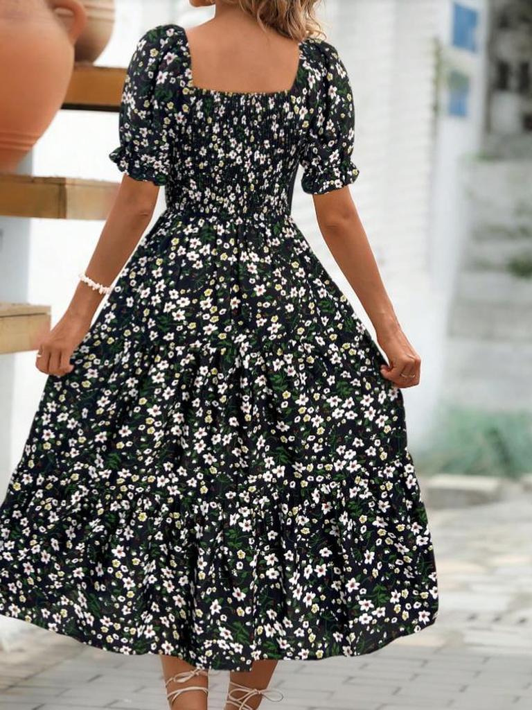 Floral Square Collar Ruched Waist Bubble Sleeve Layered Dress Sweet Style Dress