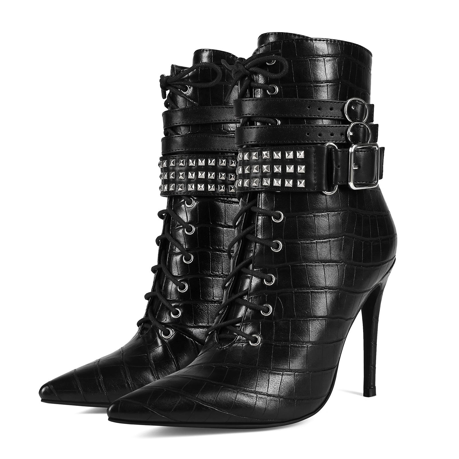 11см Сексуальная Банкетная Мода с Заклепками Остроносые Шпильки Высокий Каблук Ботильоны Обувь Женская Zapatos Mujer 47 чёрный 8938₽