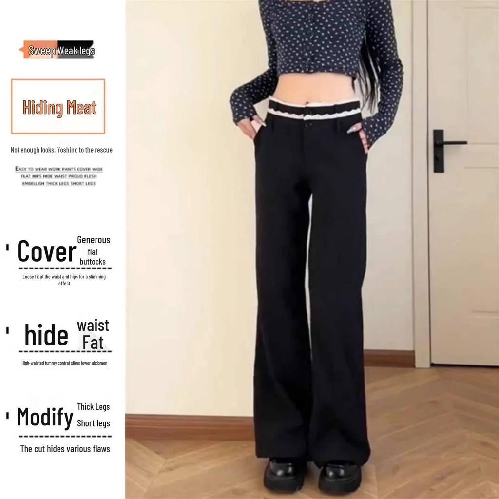 Women's Plus Size Black Lace Micro Flare Pants - 2026 New Autumn High Waist Petite Casual.