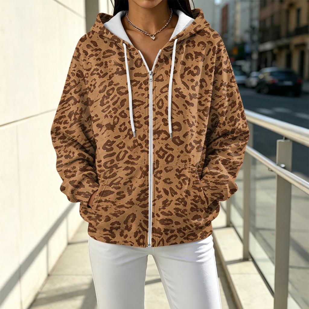 Women's Casual Loose Fit Printed -Lined Hooded Zip-Up Cardigan