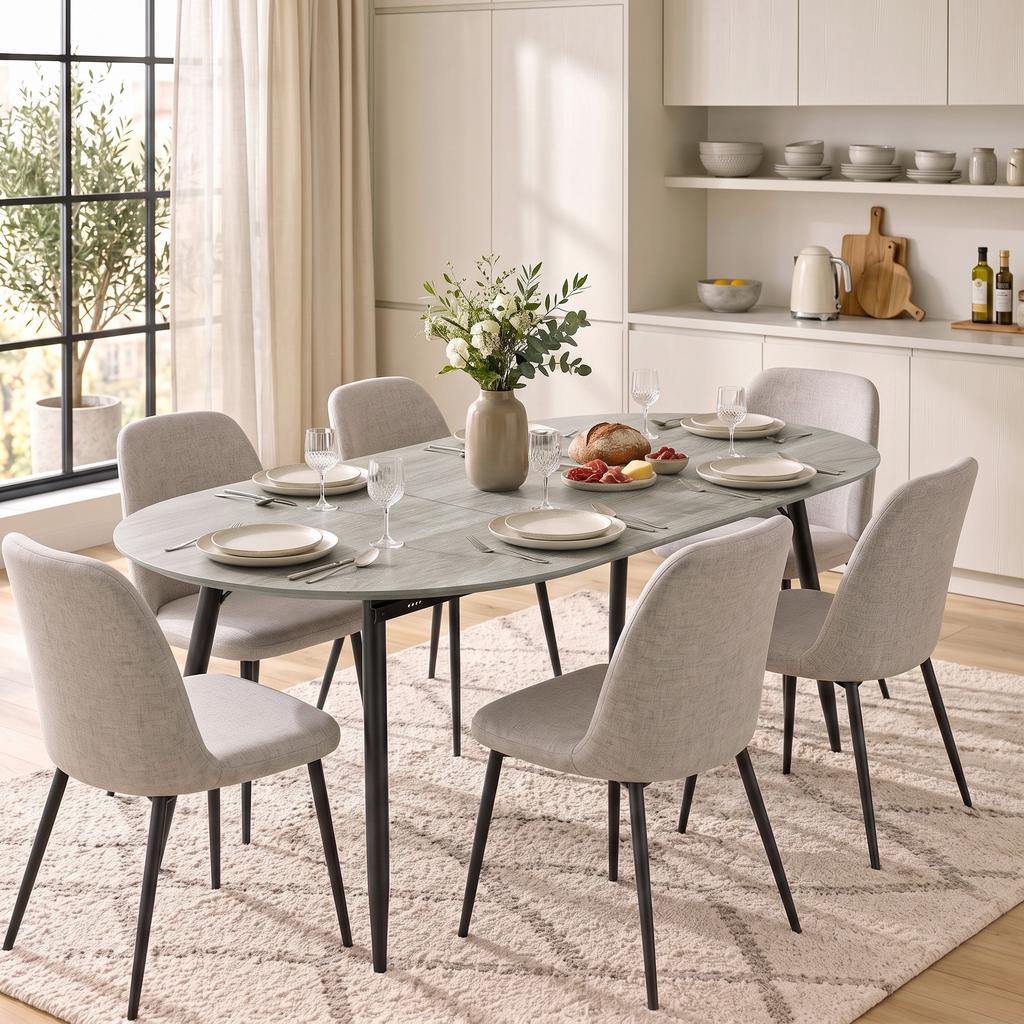Extendable Oval Dining Table for 4-6 People, Expandable Modern Kitchen Table with Metal Frame, Gray