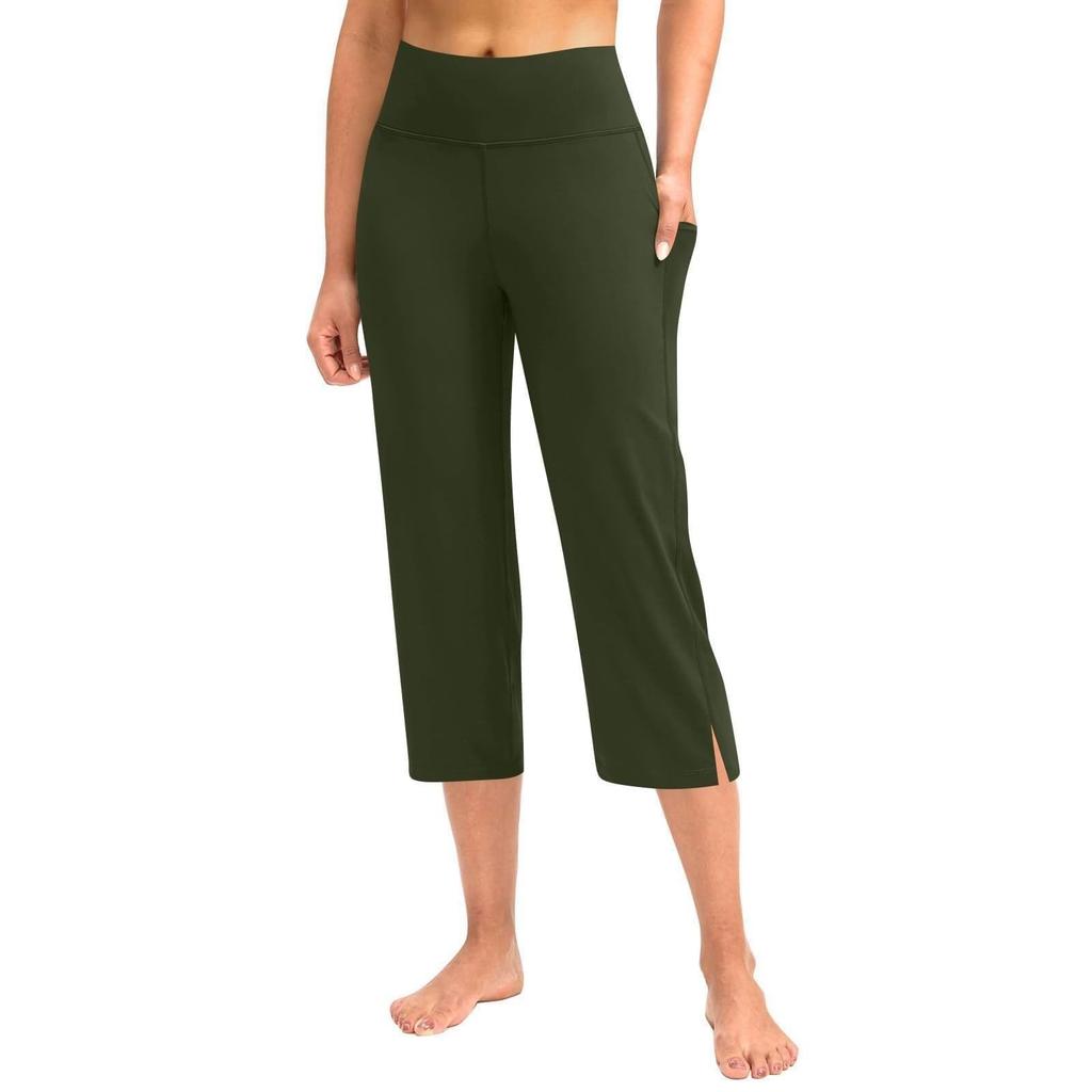 Kvinner Elastisk Høy Midje 3/4 Bukse Casual Aktiv Passform Vide Capri Leggings Bukser Bukser Med Lommer