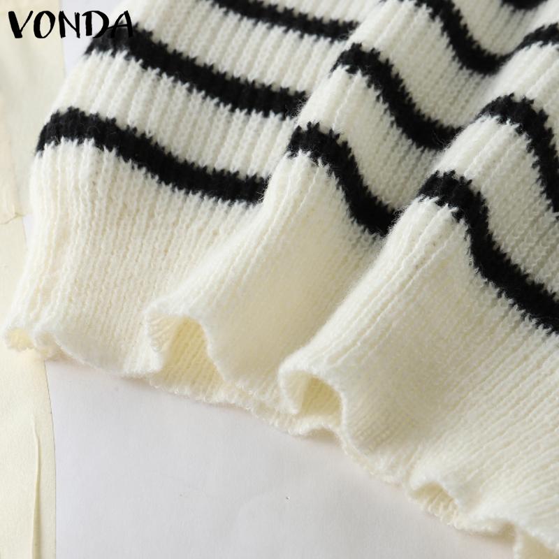 VONDA Winter Women Sweaters Lapel Striped Long Sleeve Pullovers Jumpers