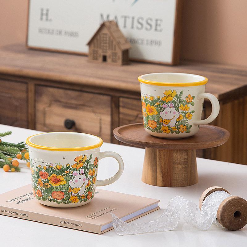 Cute Cartoon Ceramic Cup Water Cup Milk Cup Breakfast Cup Children's Cup Flowers Bunny Girls Gift Cup