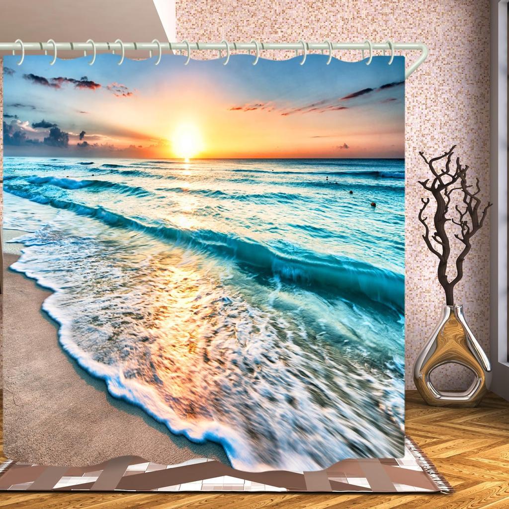 Bathroom Uses Beach Sunset 3D Shower Curtains, Luxurious Bathtub Standard Shower Curtains, Waterproof And Bright Fabric Shower C